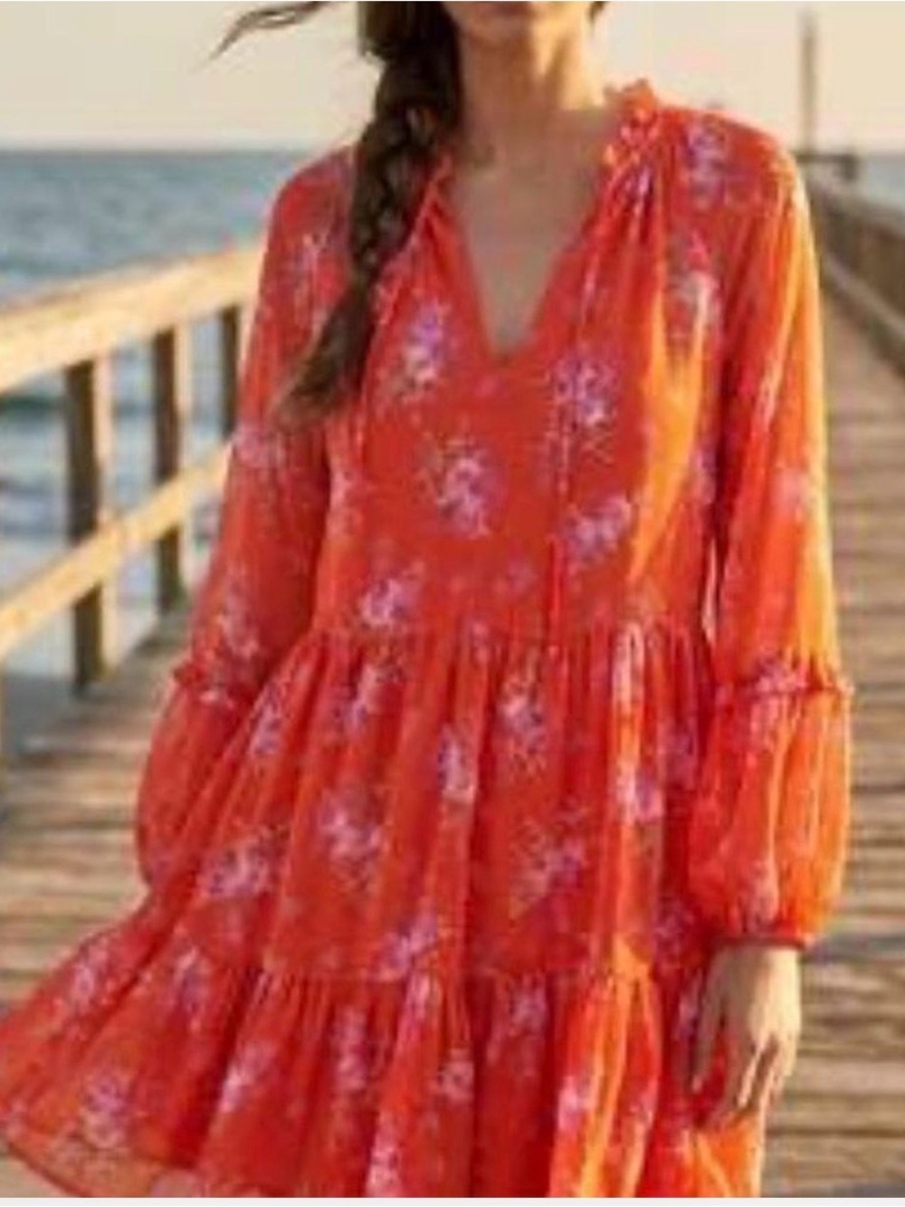 Vince Camuto Orange Floral Tiered Midi Dress